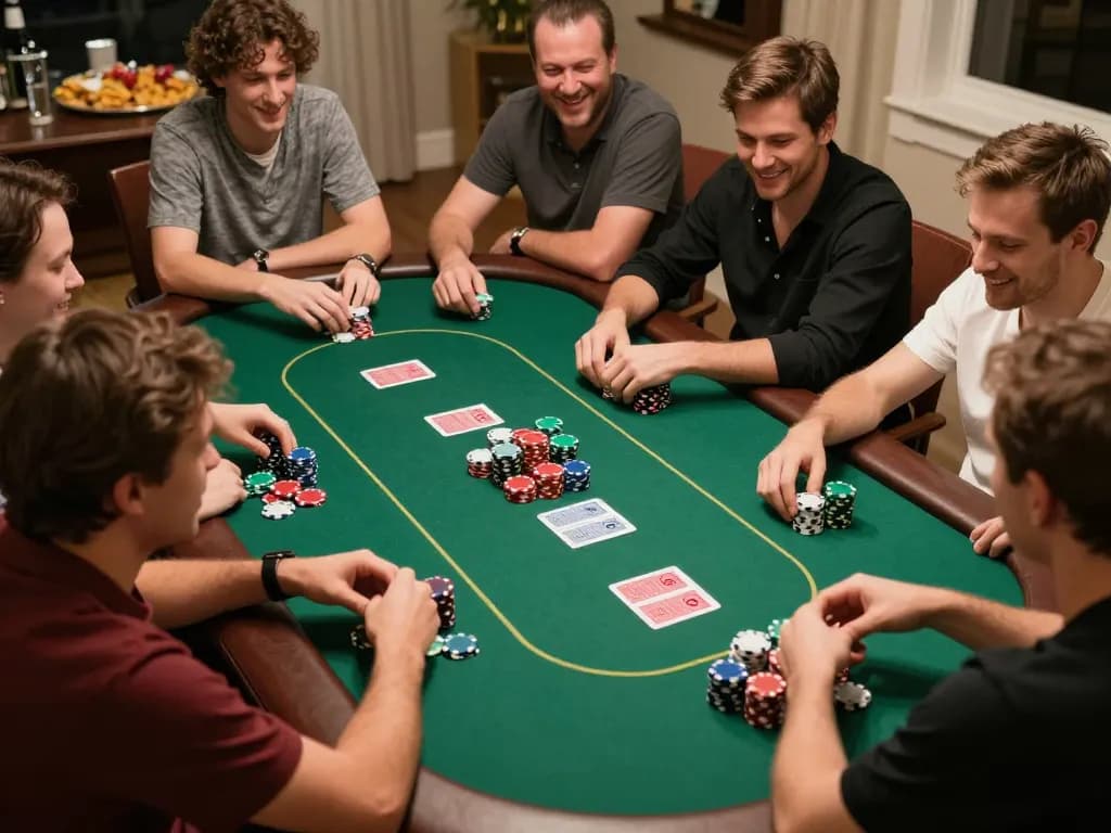 Players engaged in a thrilling game of poker at home showcasing tr88seo gaming dynamics and excitement.