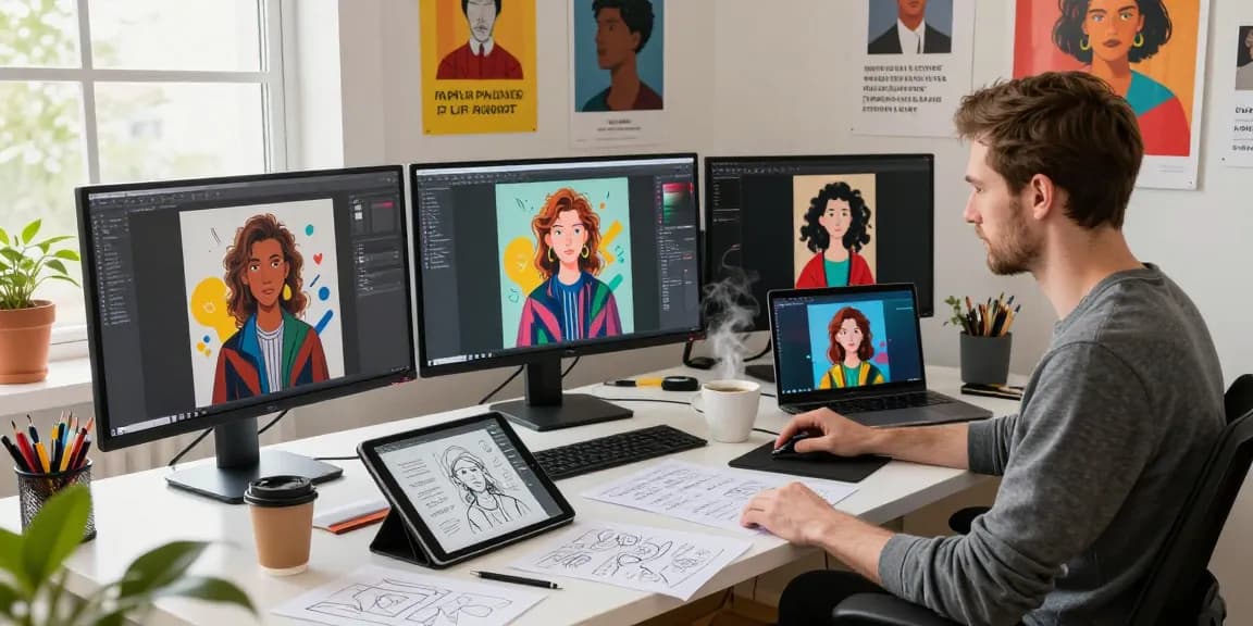 AI artist using an image to prompt generator in a vibrant creative studio.