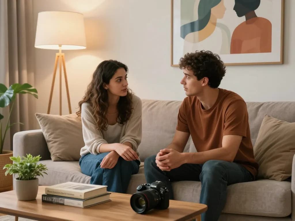 Couple discussing emotional connections with AI technology in a cozy setting, emphasizing sex ai insights.