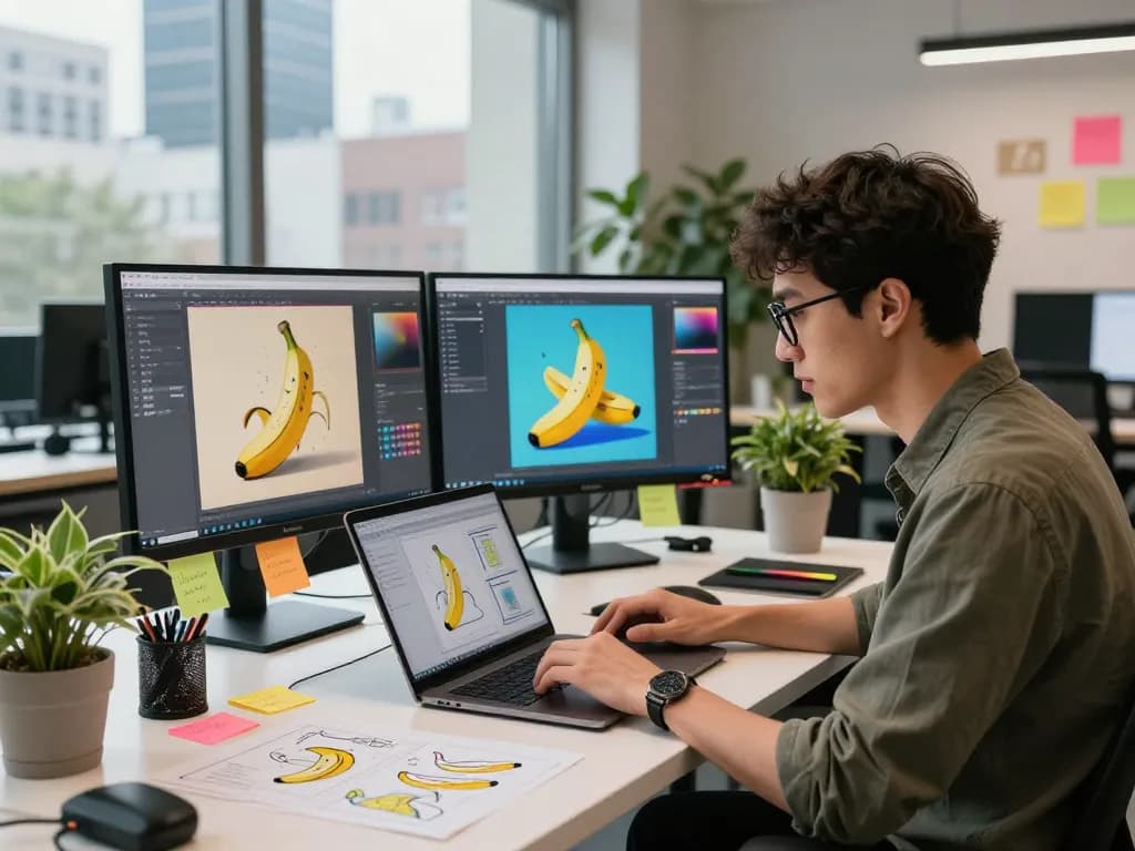Designer using nano banana 2 in a modern tech workspace with vibrant AI-generated images.