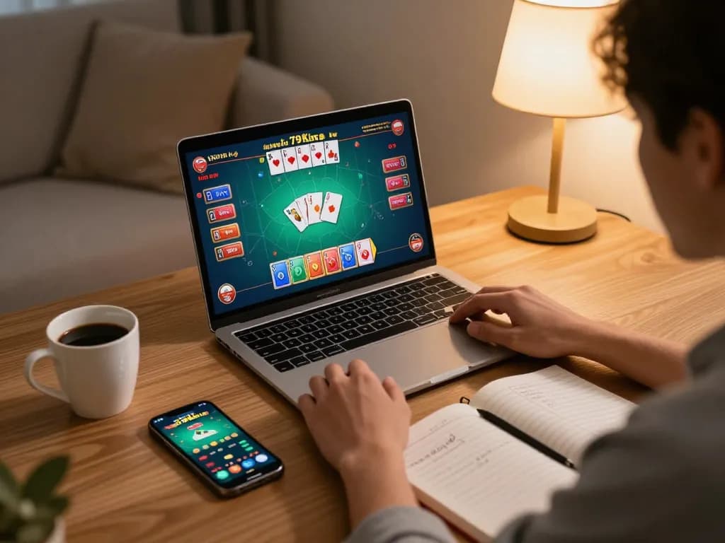 Engaging in Liêng 79king gameplay from home with a laptop, showcasing strategic notes and a cozy atmosphere.