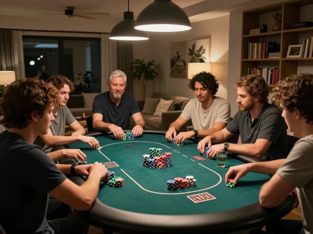 Luck8 players strategizing while enjoying a home poker night with friends and snacks