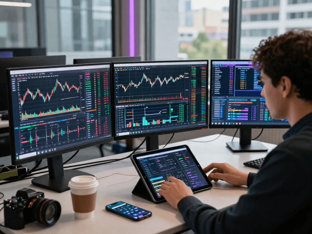 El entorno de negociación en Immediate Edge con pantallas analizando criptomonedas.