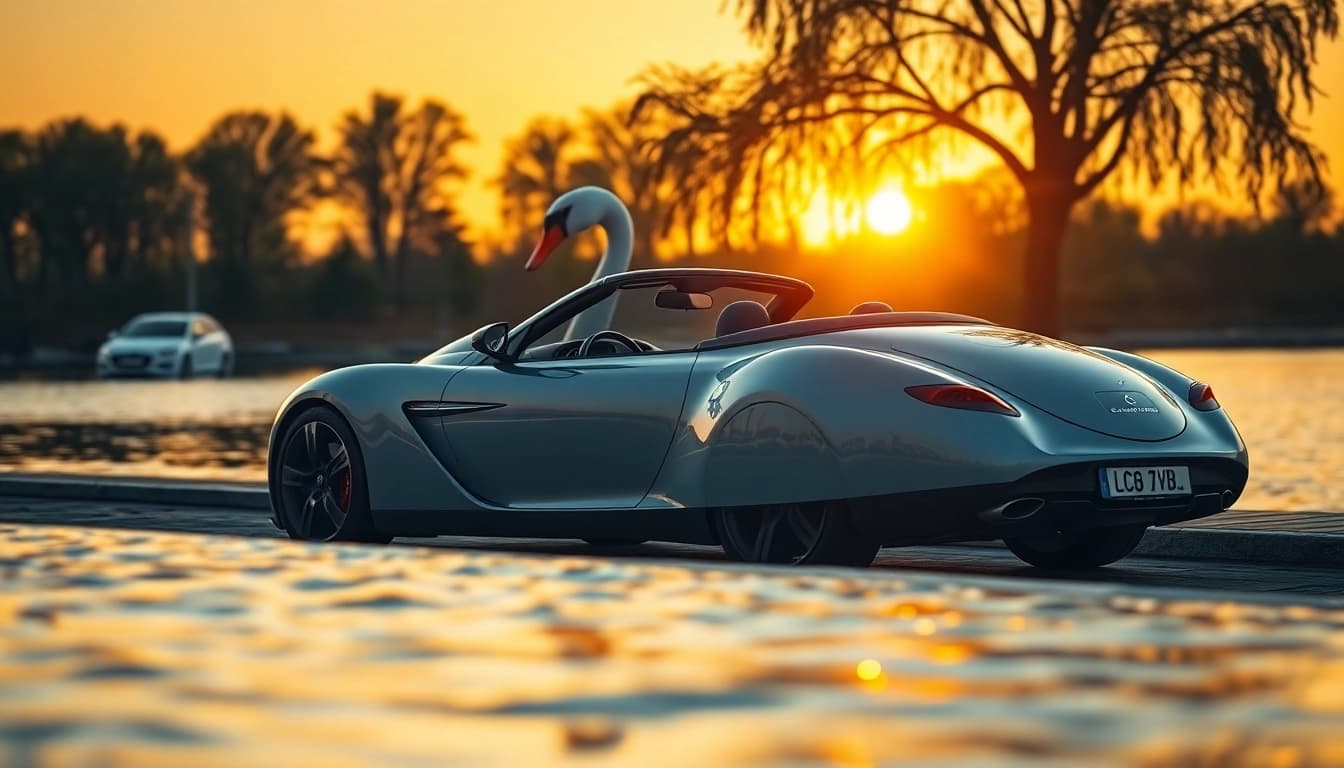Showcasing a stunning Swan Car by a waterfront at sunset, highlighting its sleek design.