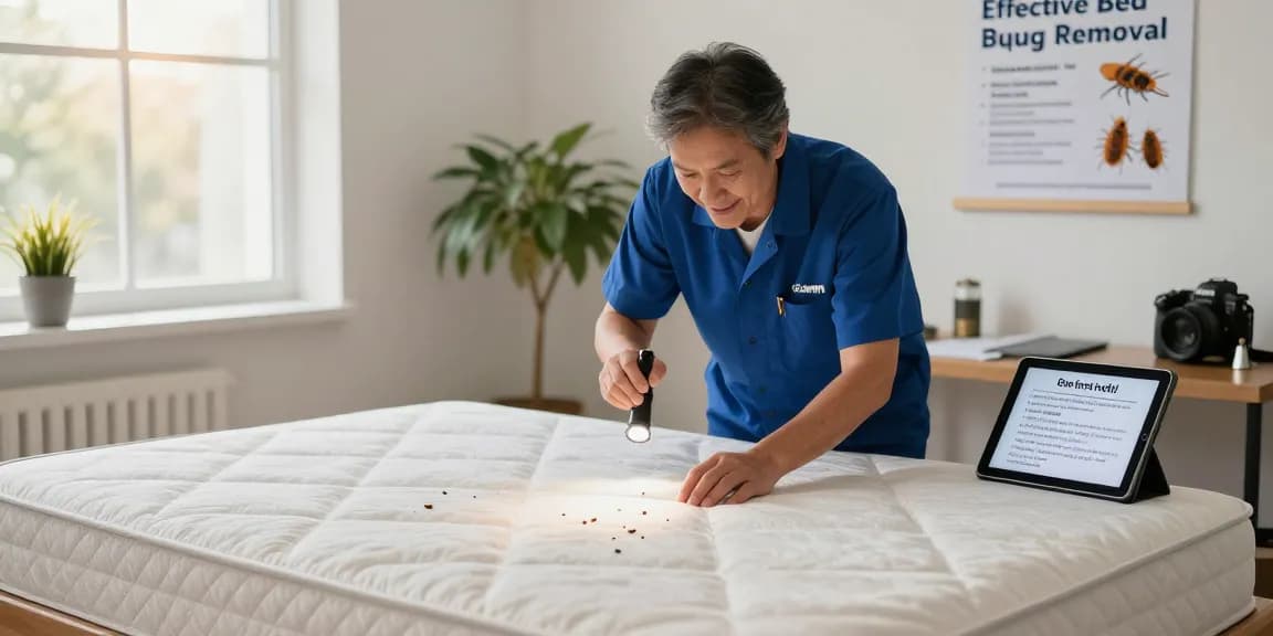 Exterminator performing bed bug removal inspection on a mattress in a cheery office.
