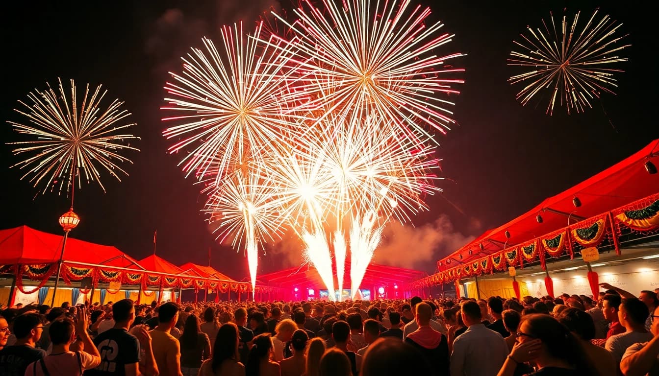 Catch the excitement of wholesale fireworks lighting up the night sky at a lively outdoor festival.