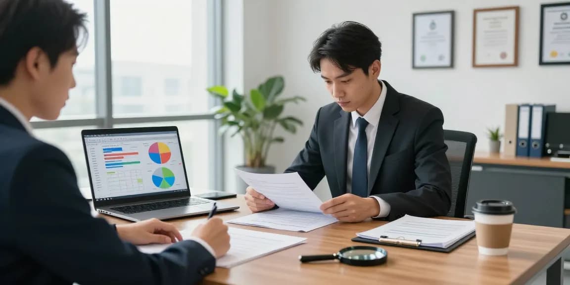 Auditor analyzing financial documents for aafikotabandungb.org in a modern office setting.