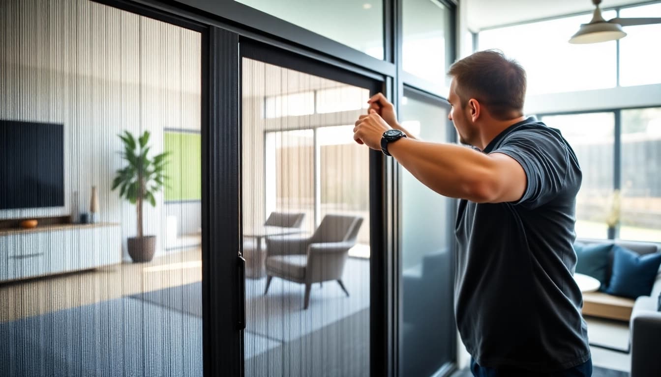 Fit a Flyscreenmaxx pleated fly screen in a modern living area, highlighting its features.