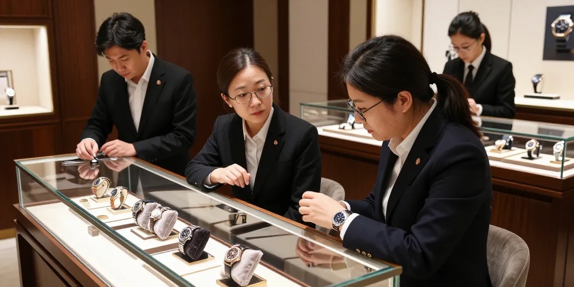 Exquisite super clone watches displayed in a luxury boutique with attentive customers and elegant surroundings.