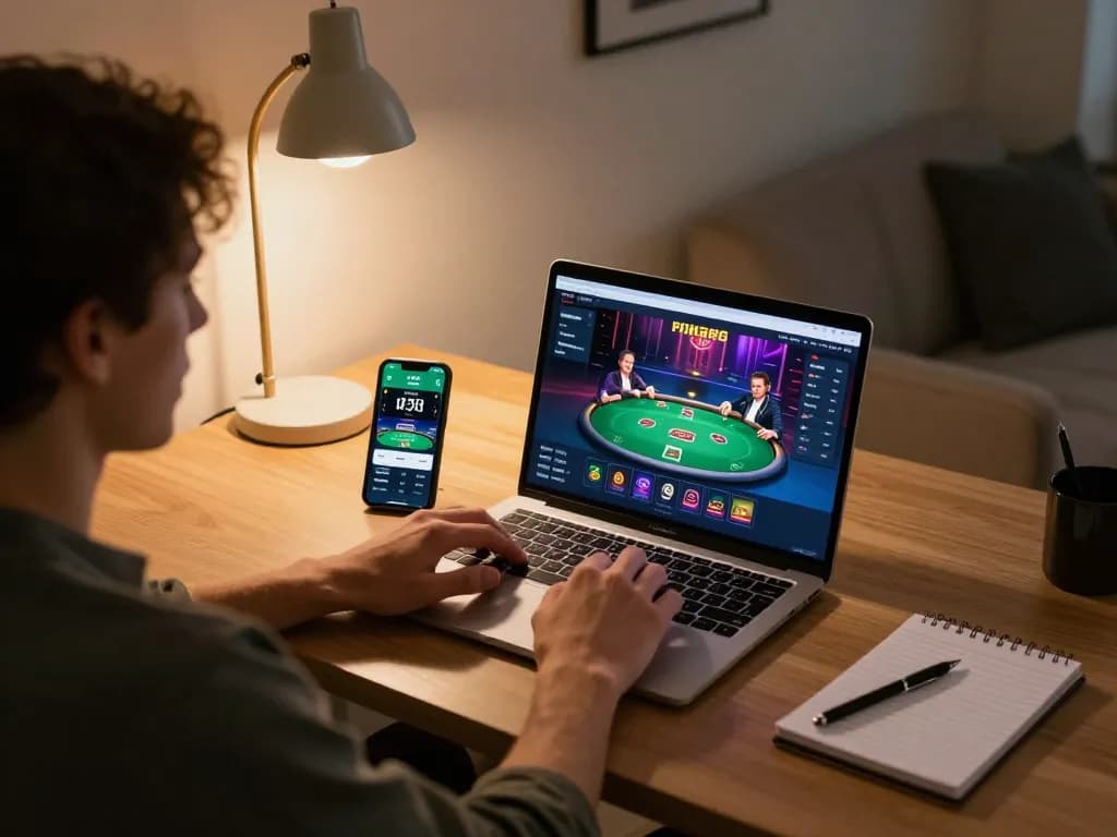 Engaging in an online poker game and sports betting with mb668 setup in a cozy home.