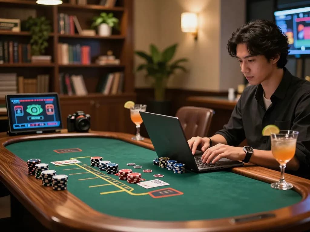 Player engaging with online ko66 blackjack table, showcasing strategic gameplay with cozy atmosphere.