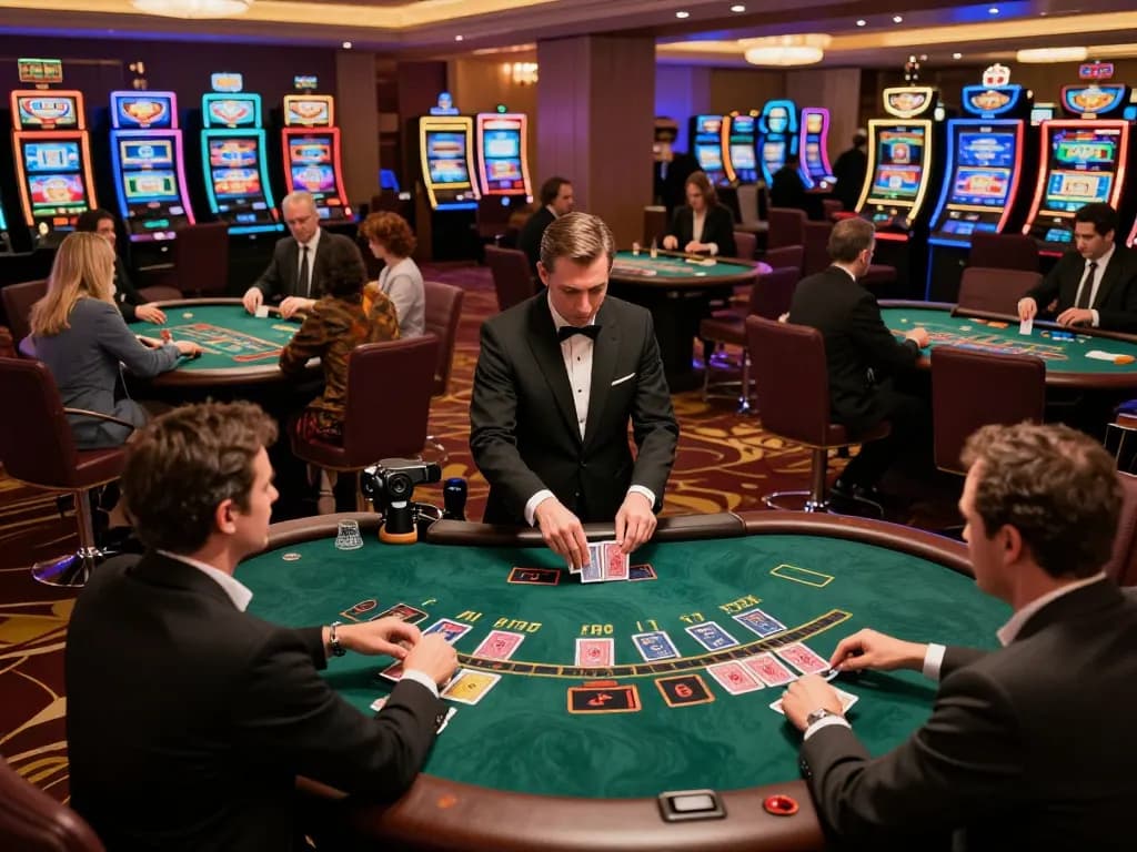 Players at GMNC table enjoying thrilling blackjack action in a luxurious casino atmosphere