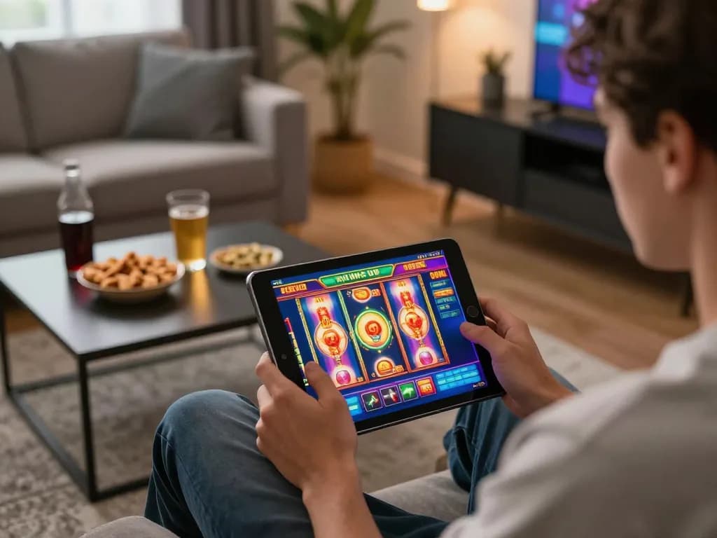 Engaging home gaming scene showing player enjoying Slot Malaysia on tablets with vibrant graphics