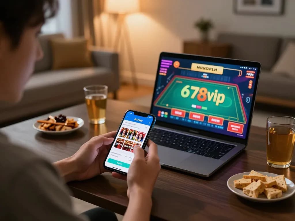Person enjoying online gaming with the 678vip app on a smartphone in a cozy living room setting