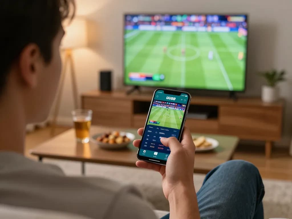 UU88 mobile app showing live sports betting odds in a cozy home environment