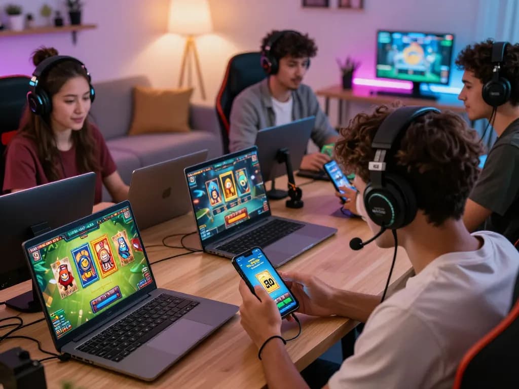 Engaged players in a vibrant online gaming scene illustrating how to tải hitclub on various devices.