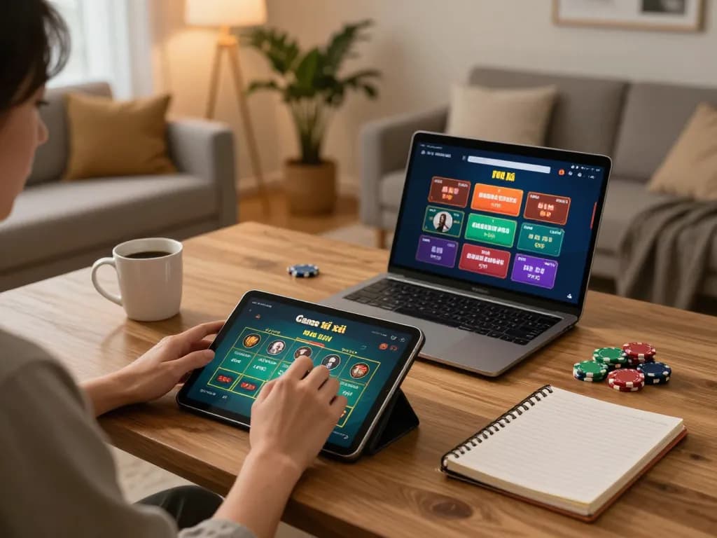 Engaging scene of Game tài xỉu play on tablet at home, showcasing cozy gaming atmosphere.