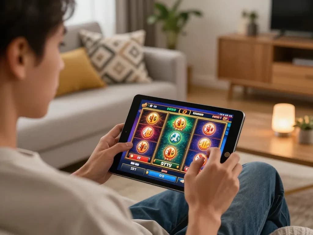 Experience the excitement of open888 while playing online slots in a cozy living room.