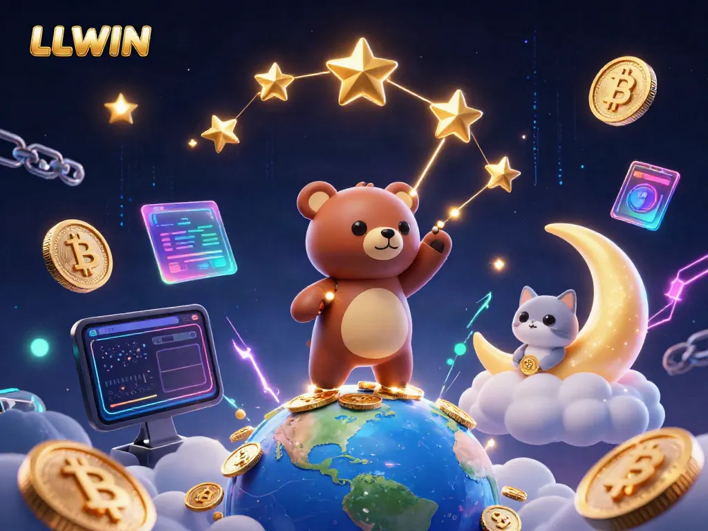 Engage with LLWIN's thrilling online gaming experience featuring vibrant characters and crypto elements.