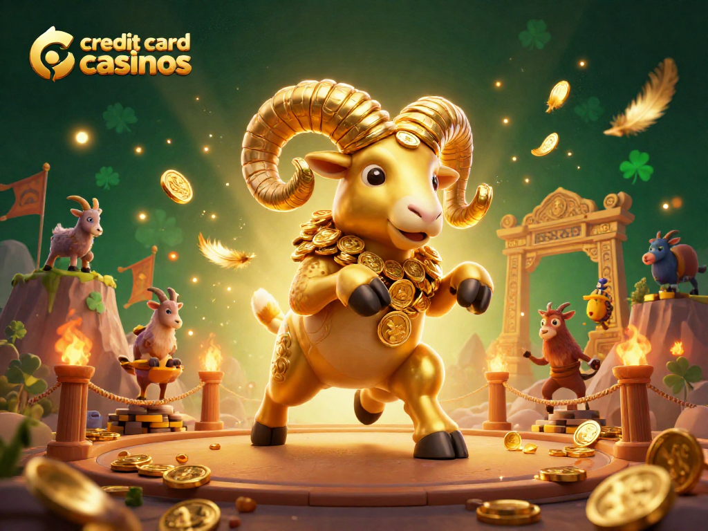 Experience the excitement of credit card casinos with a golden ram charging through a vibrant casino scene.