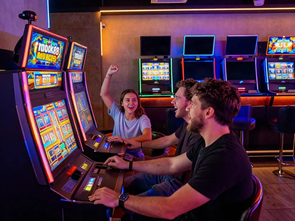 Excited players enjoying rokok88 slot machines in a vibrant gaming lounge