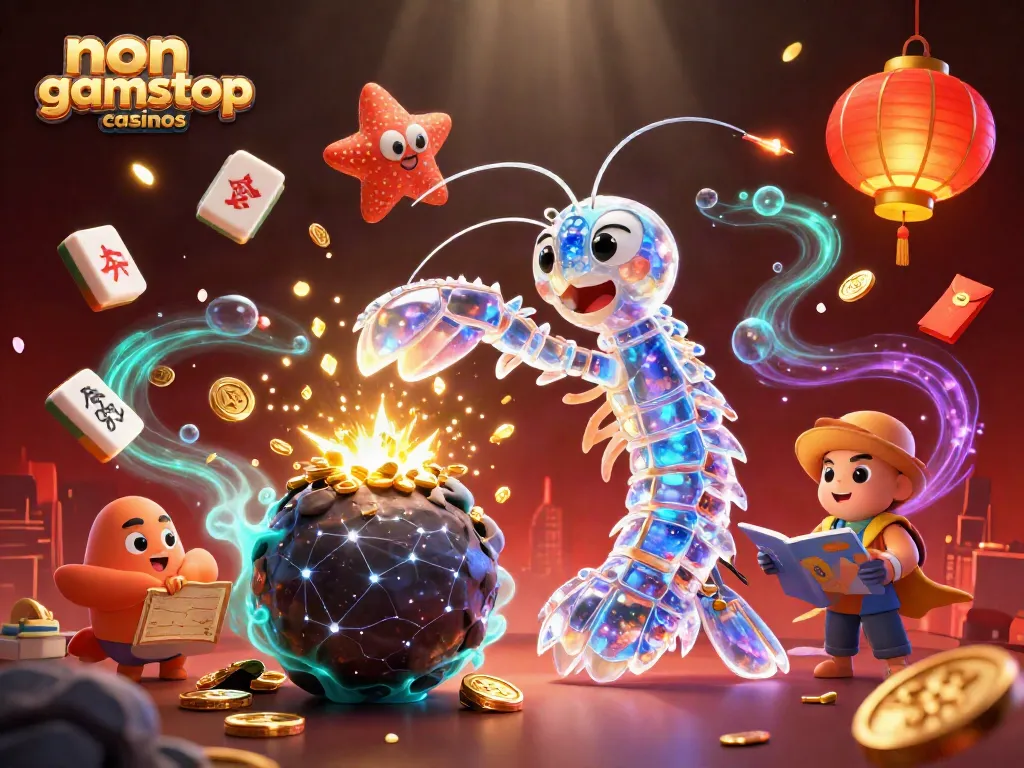 Engaging illustration of non gamstop casinos featuring a galactic mantis shrimp and a starfish amidst dynamic gaming elements.
