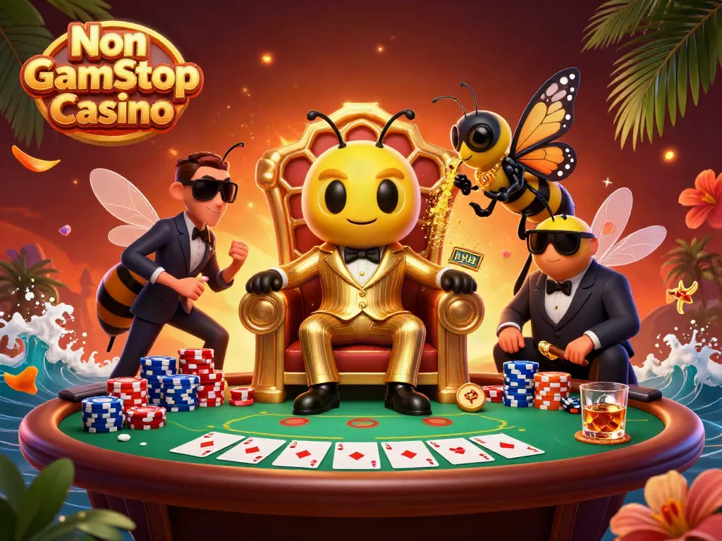 Experience the thrill of a Non Gamstop Casino with a bumblebee mob boss in a vibrant poker scene.