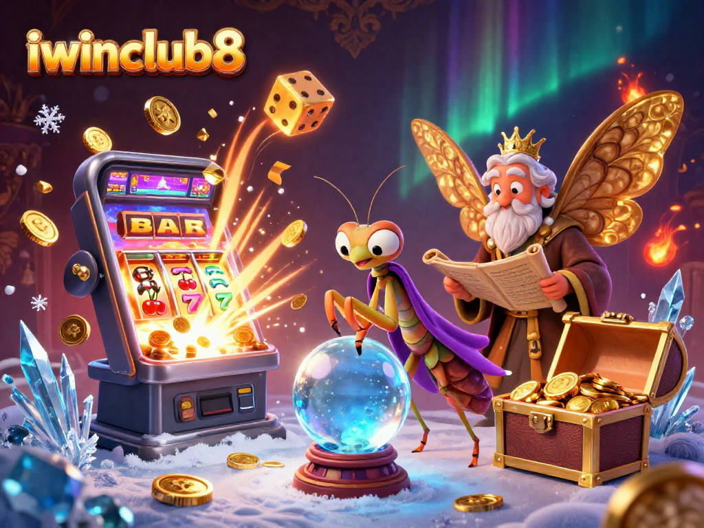 Engage with iwinclub8's vibrant slot gaming world through a cartoonish, lively illustration.