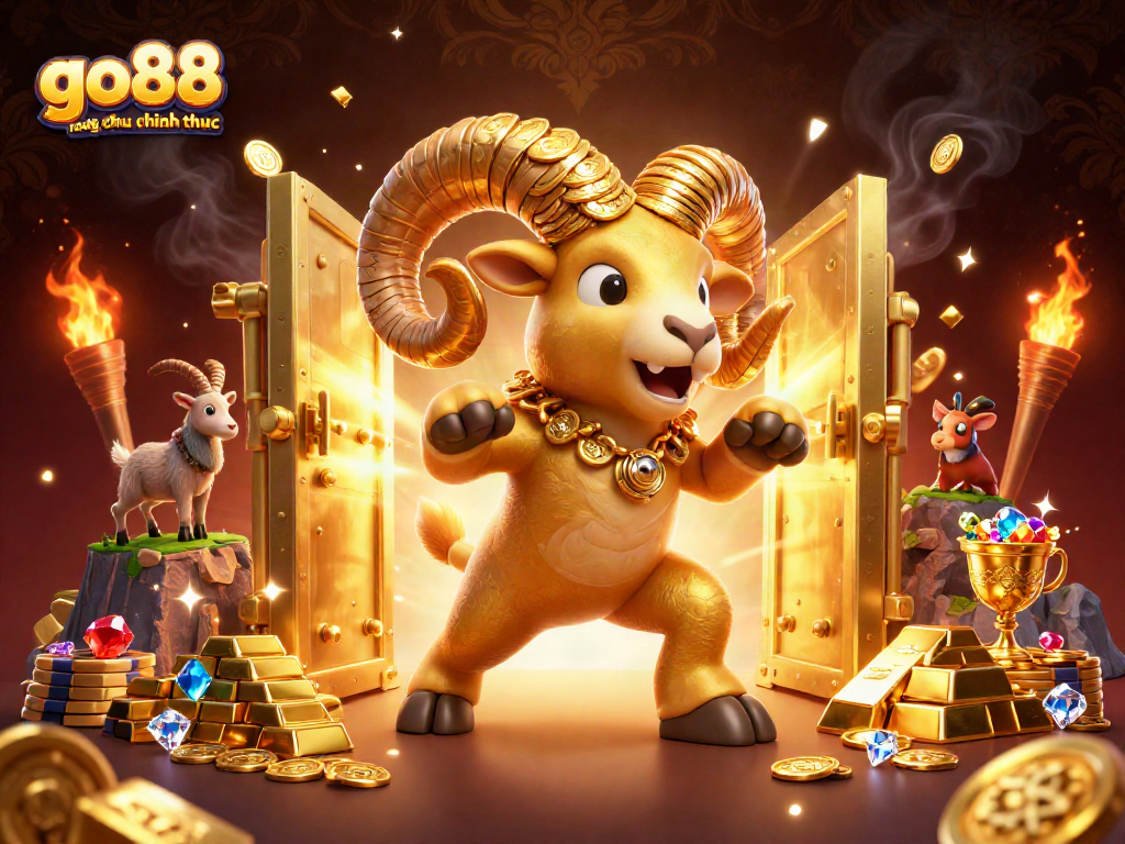 Engage with go88 trang chu chinh thuc through an exciting golden ram illustration at a treasure vault.