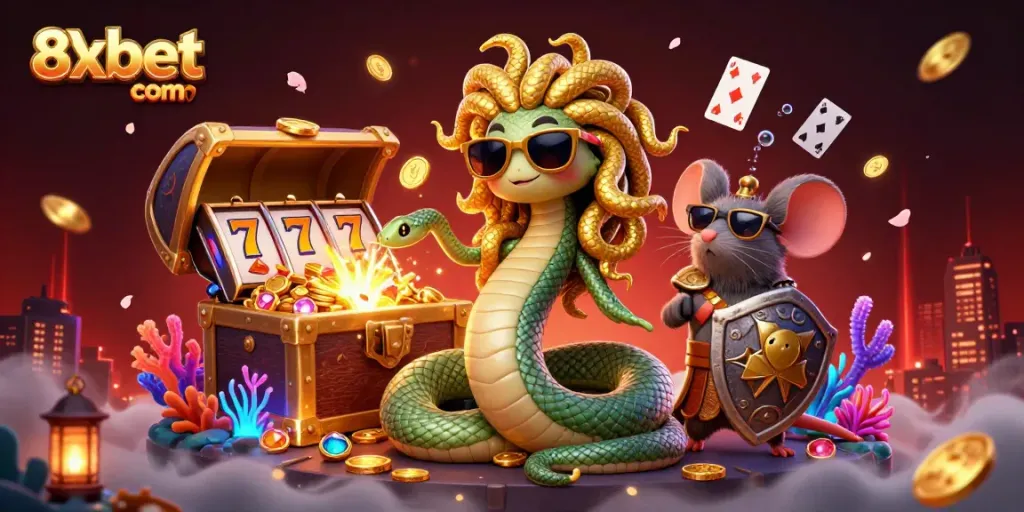 Experience the thrilling world of 8xbet com with a vibrant casino-themed illustration showcasing interactive game elements.