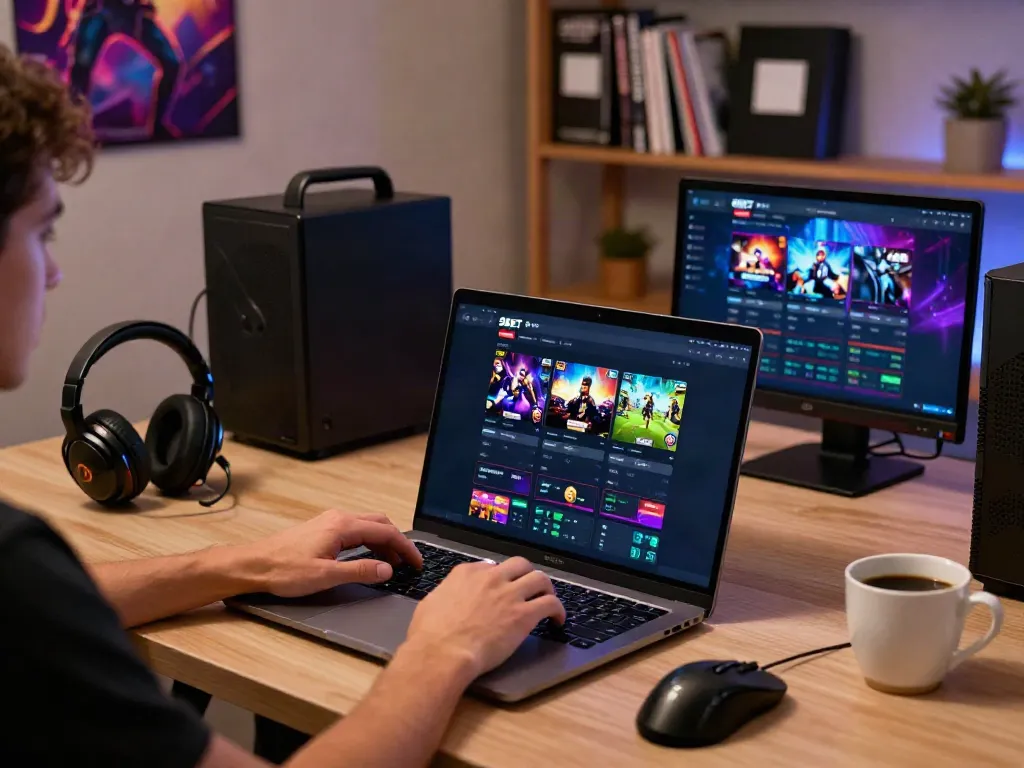 Person using a laptop on a home desk to access https://9bet.ru.com/ with gaming accessories in a cozy atmosphere.