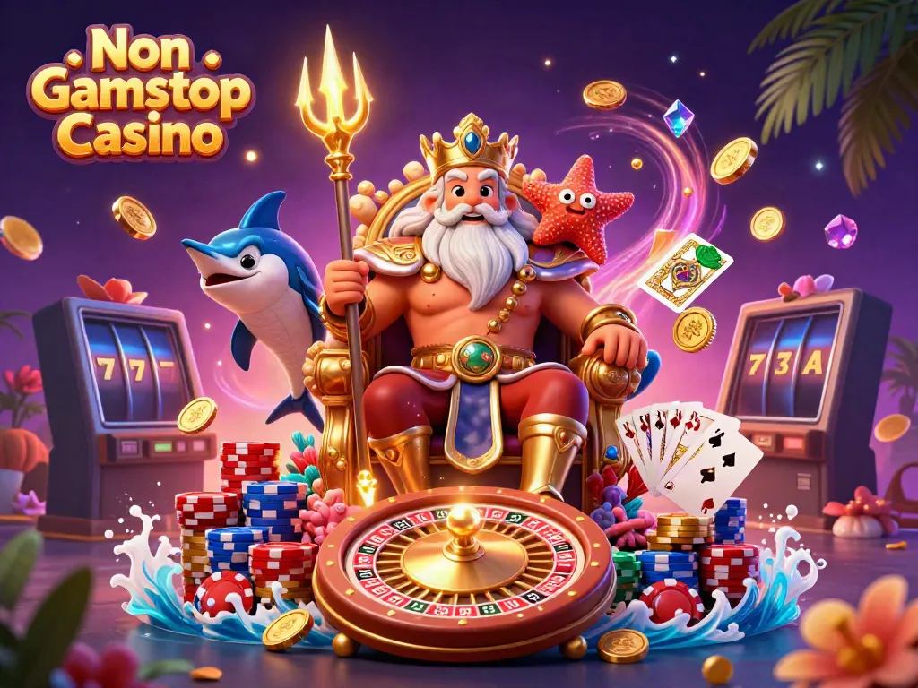 Engage with Non Gamstop Casino excitement through a vibrant underwater gambling scene featuring Neptune and treasures.