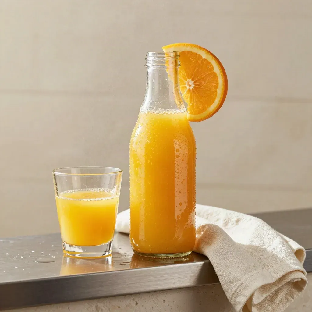 Condensed orange juice bottle with citrus wheel, glass and linen napkin on a cool pewter ledge.