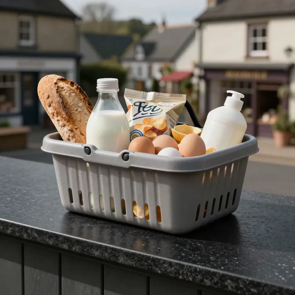 Weekly essentials basket with milk, bread, eggs, tea, crisps and cleaner in dramatic studio light.