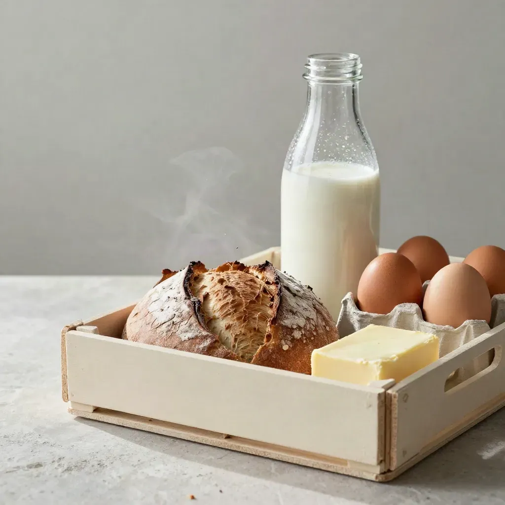 Breakfast hamper with loaf, milk, eggs and butter on a clean stone surface