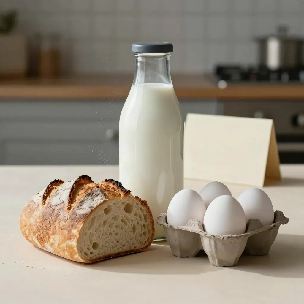 Milk bottle, sliced loaf, and eggs on a cream plane with soft daylight and flour haze.