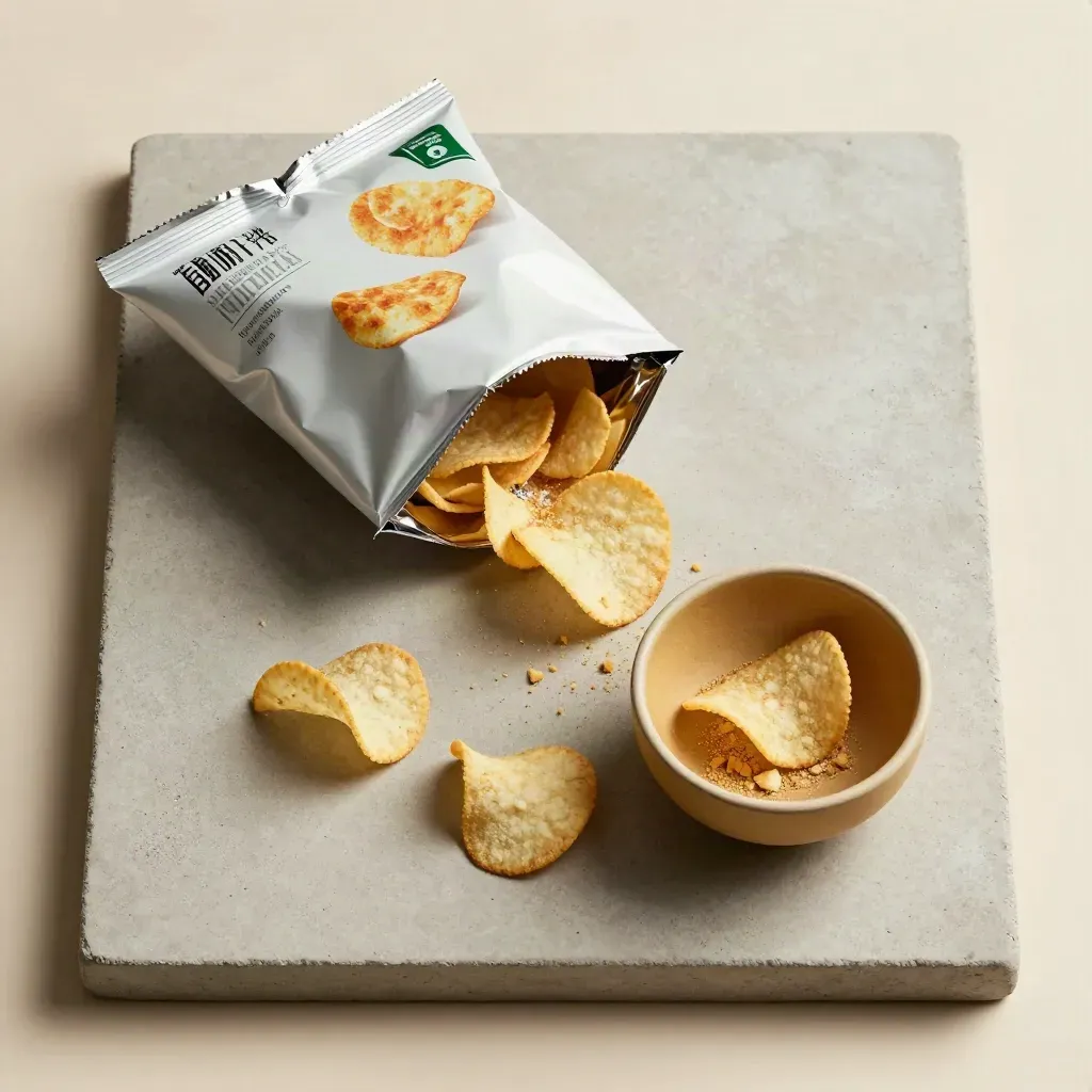 Flatlay of open cheese and onion crisps packet with scattered crisps and crumb bowl