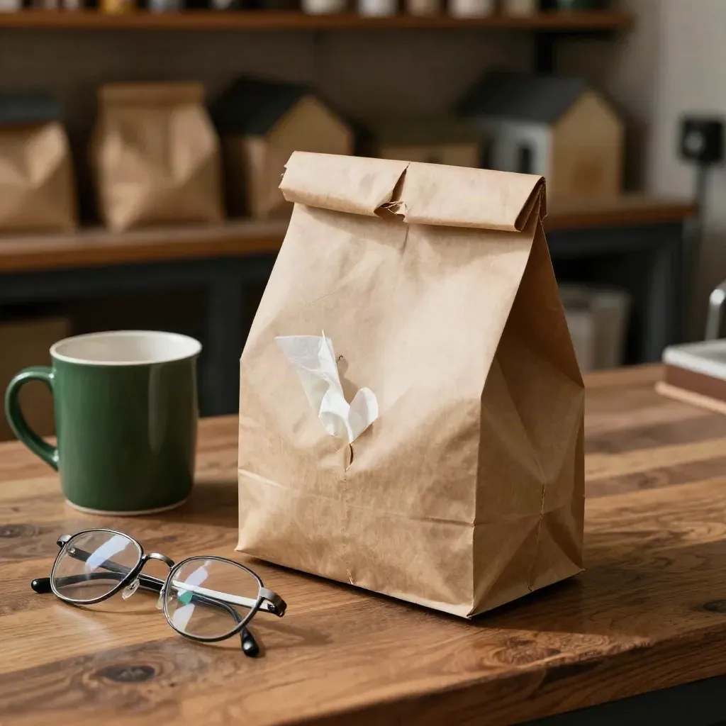 Kraft grocery parcel beside a green mug and reading glasses on a warm wooden counter.