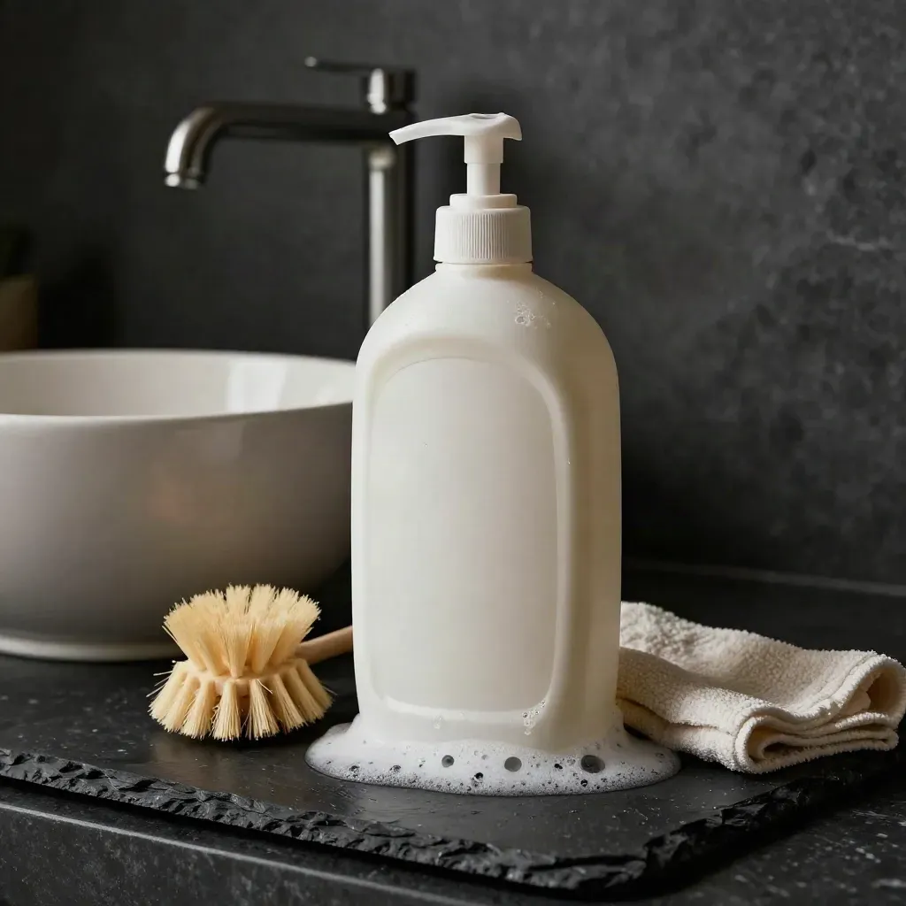 Washing-up liquid bottle beside a ceramic sink with brush, cloth and foam.