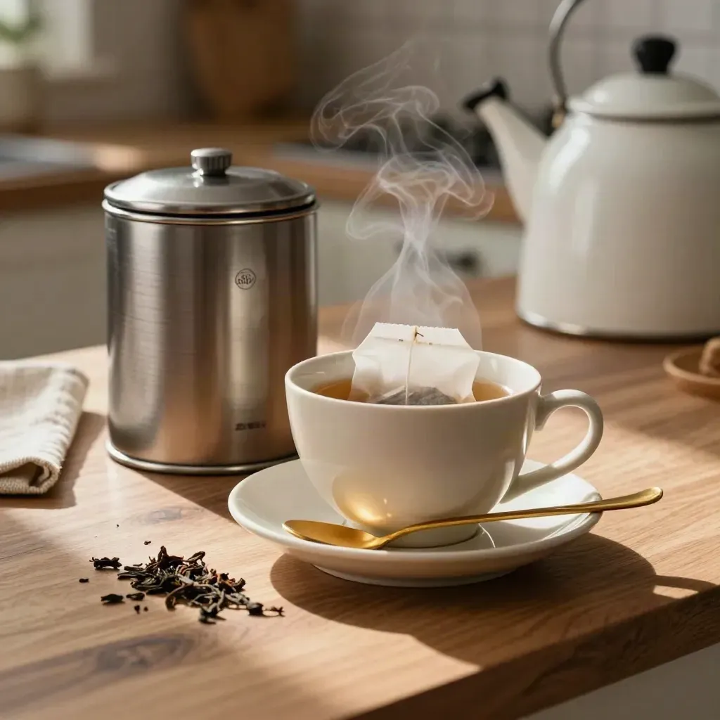 Tea caddy, cup and spoon with steam rising on a walnut counter.