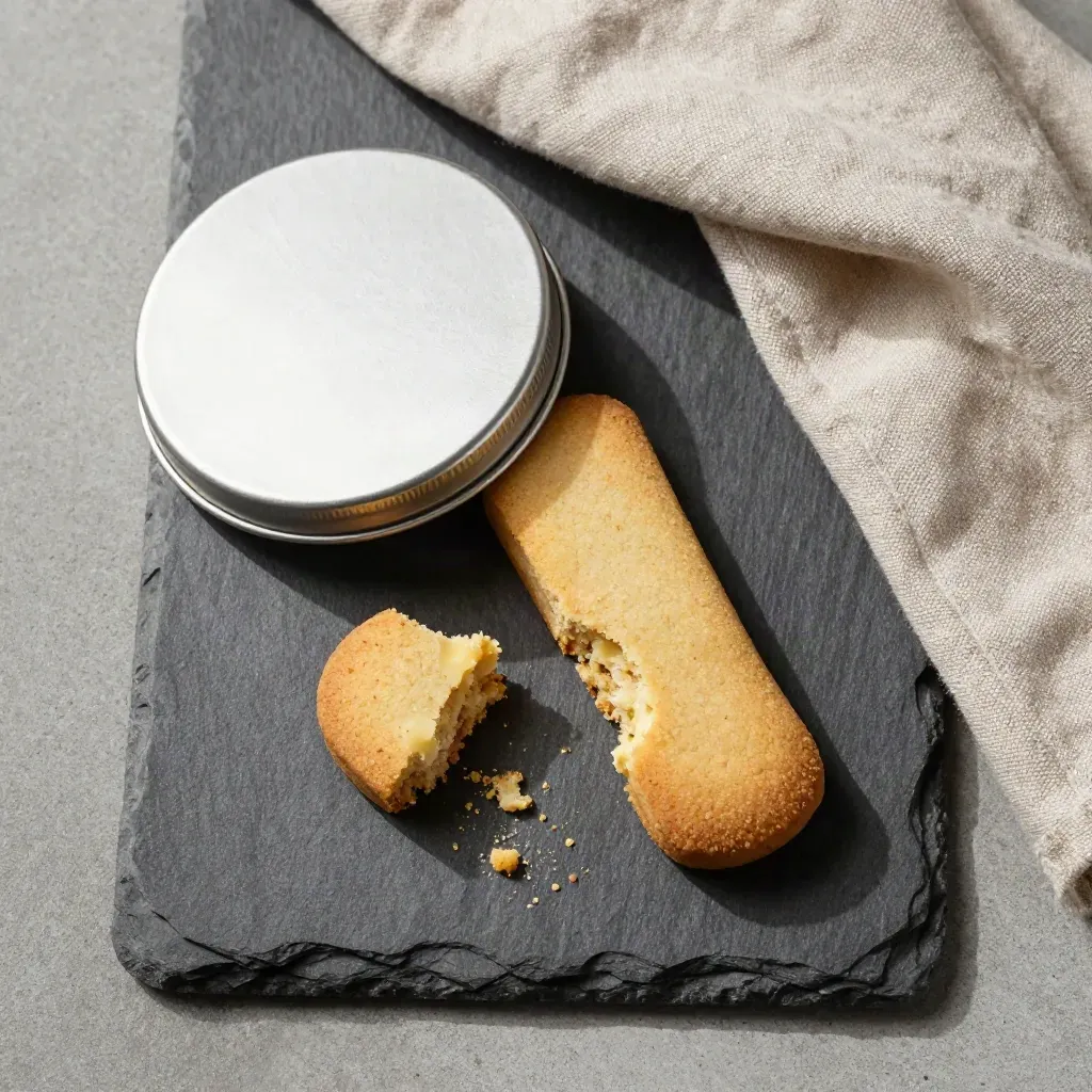 Overhead shortbread tin with cracked biscuit, crumbs and folded linen on a slate slab
