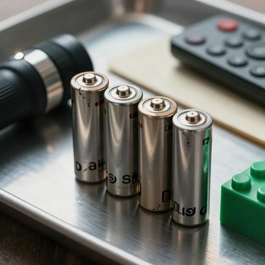 Macro of four AA batteries with a torch, remote and toy block on a brushed metal tray.