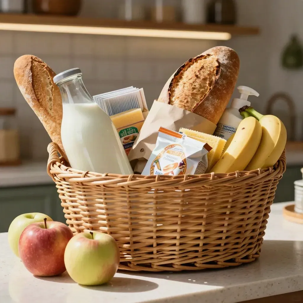 Overflowing village shop basket with milk, bread, tea, snacks, fruit and basics on a travertine counter.