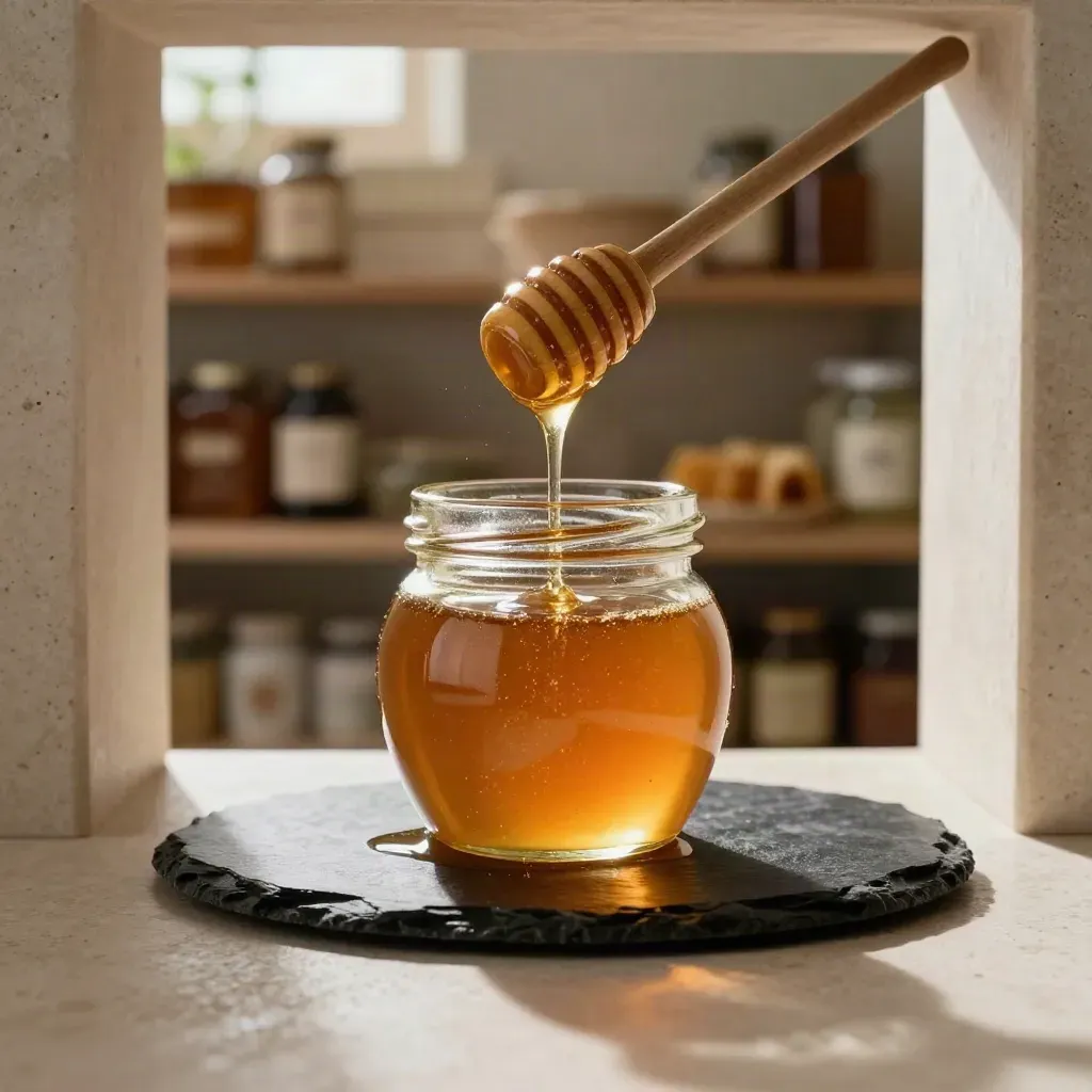 Glass Welsh honey jar with dipper and wax comb on slate, glowing with amber honey