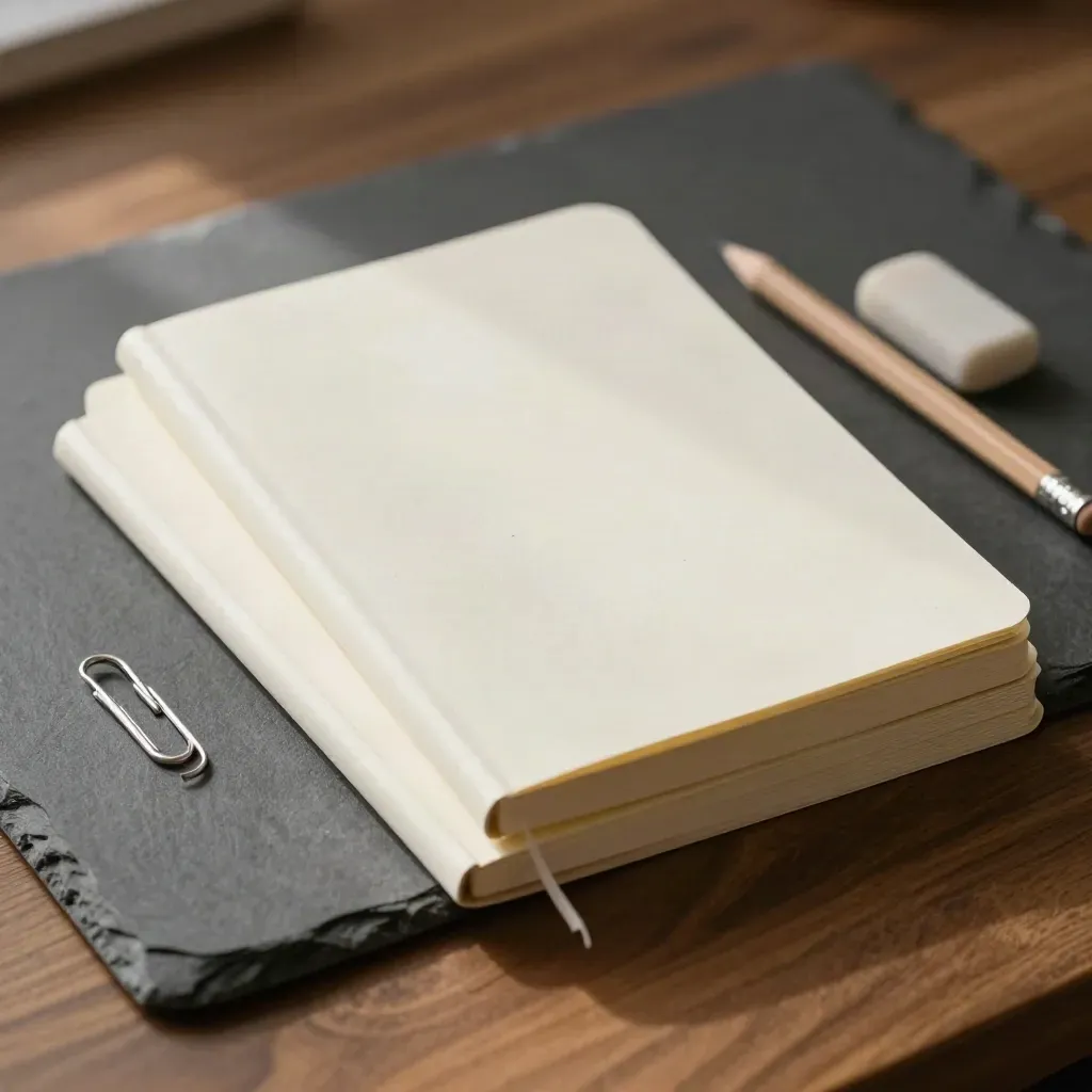 Overhead stack of A5 notebooks with pencil, eraser and paper clip on walnut and slate