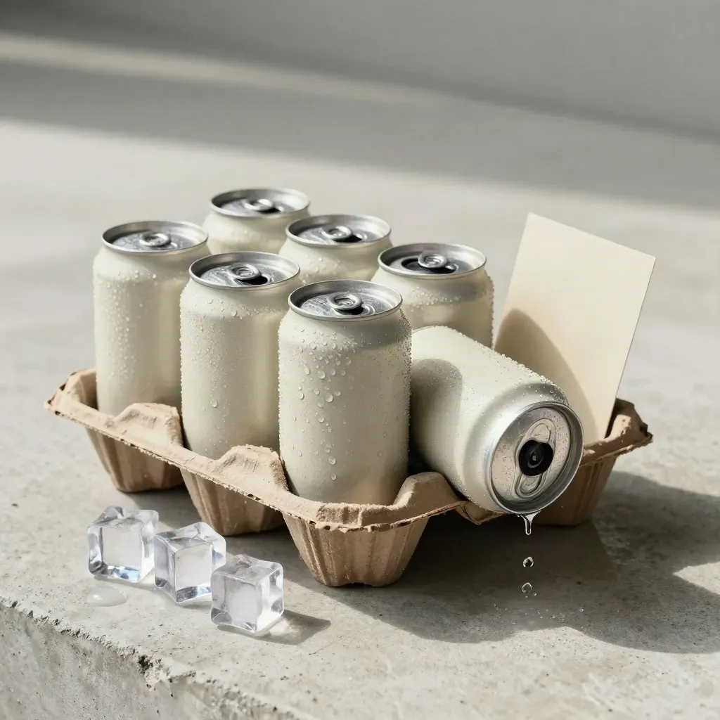 Six sparkling water cans in a carrier with ice and condensation, one tilted forward