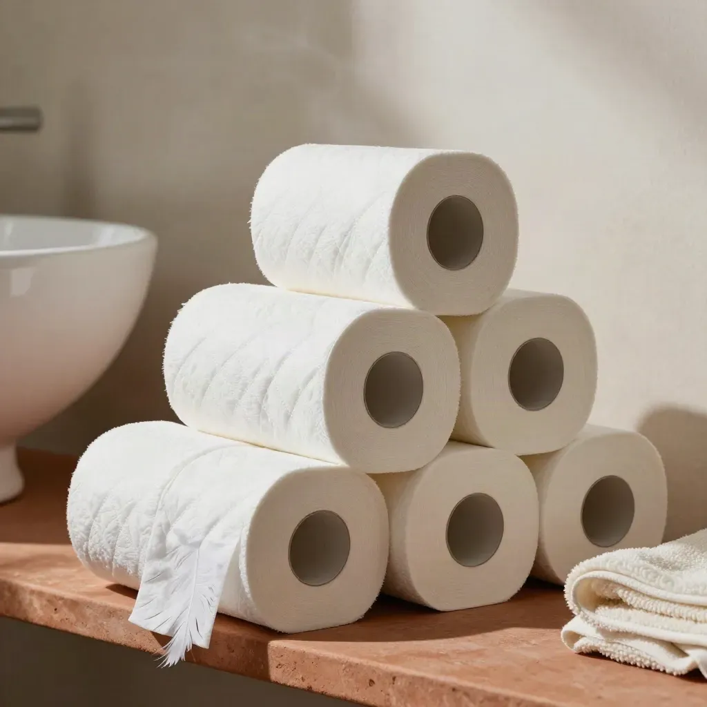 Macro of white toilet rolls stacked with a towel and ceramic basin in soft steam.