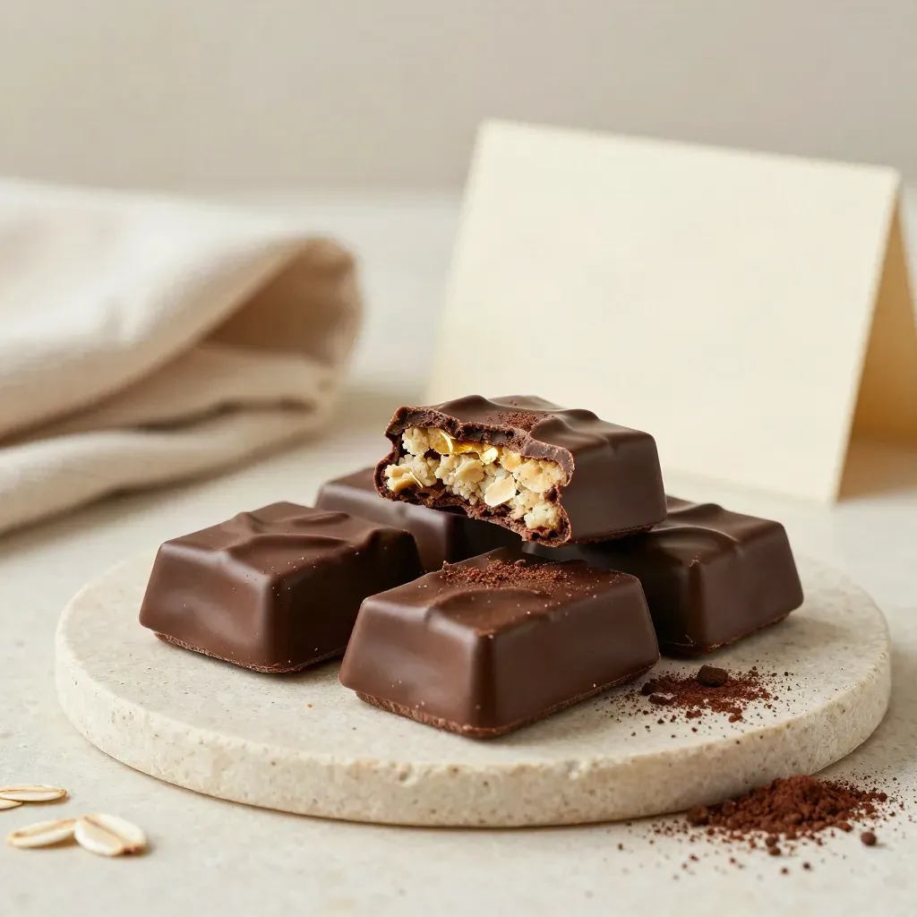 Chocolate biscuit bars on stone plate with snapped piece, crumbs, linen, and warm gold accents.