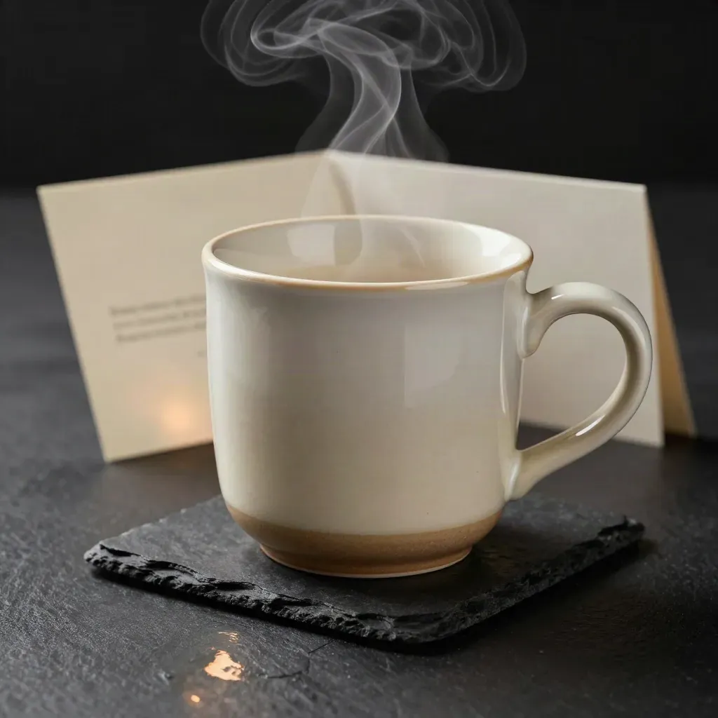 Steam rises from a Welsh souvenir mug on a wool coaster beside a folded cream card.