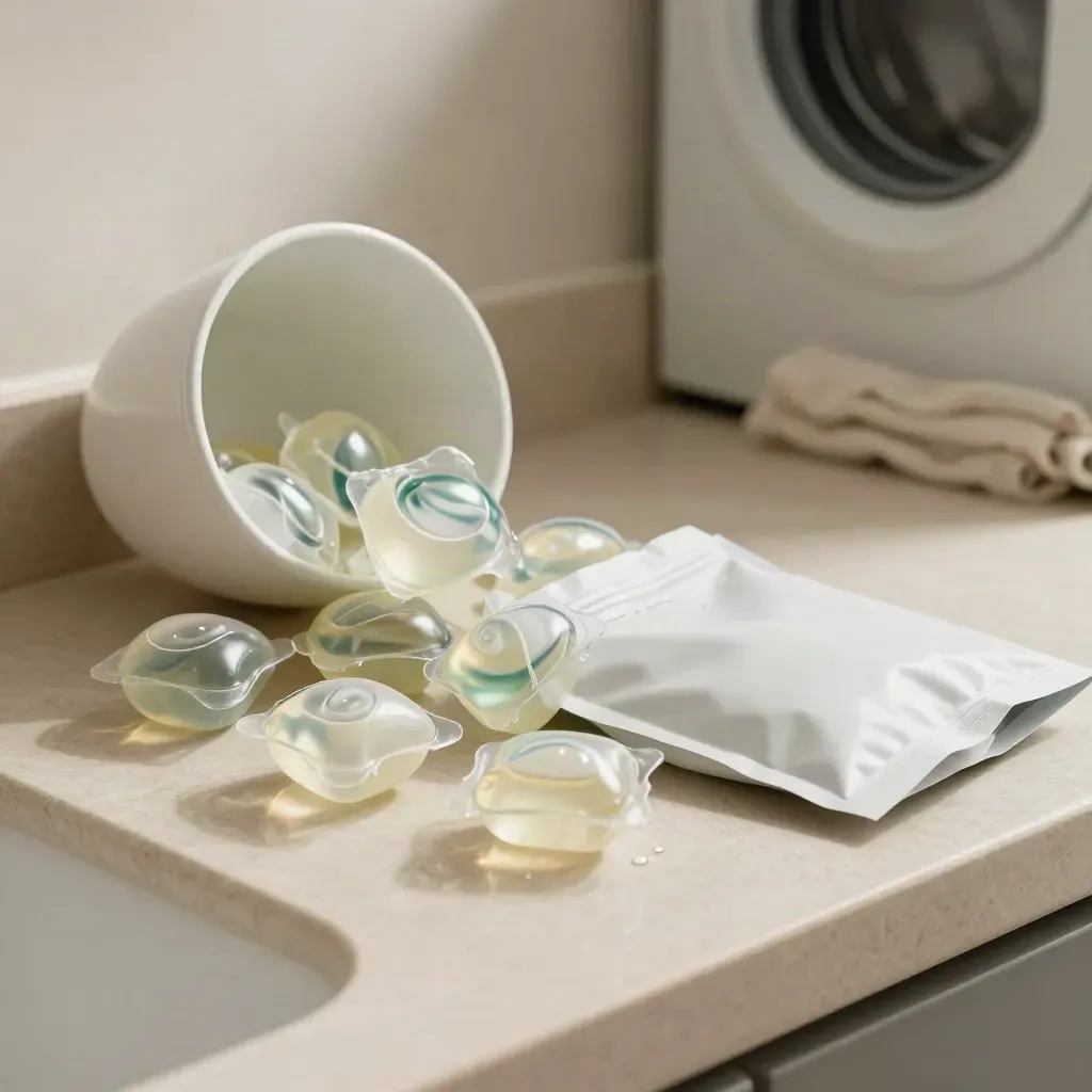 Translucent laundry pods arcing beside a detergent pouch and white bowl on a bright utility counter.